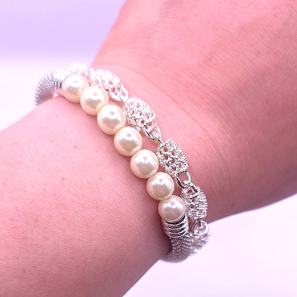 Elegant Silvertone Mesh Filigree and Faux Pearl Bracelet Lot
